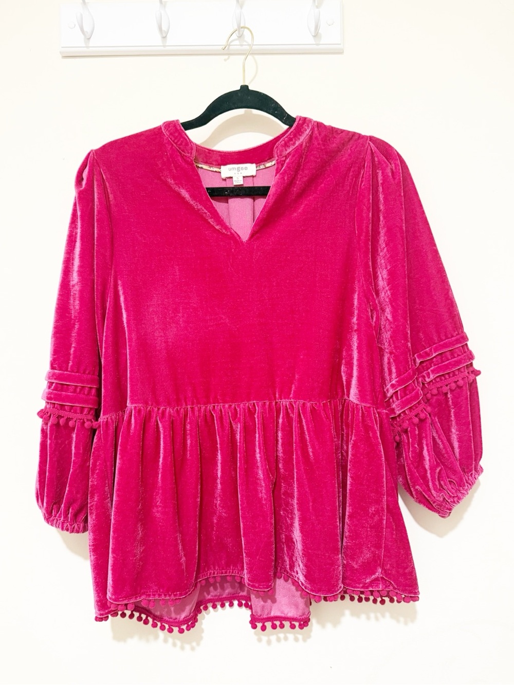 Umgee Fuchsia Velvet Peplum Tunic with Pom-Pom Trim
